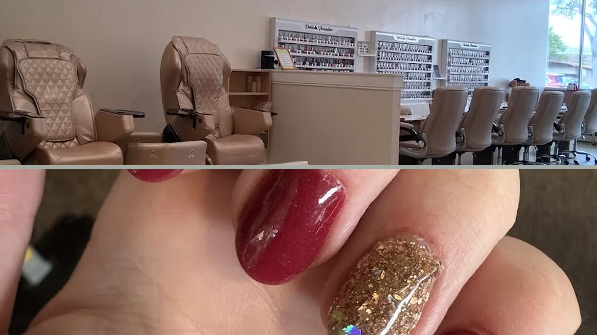 Bright salon interior with manicure tables and chairs.