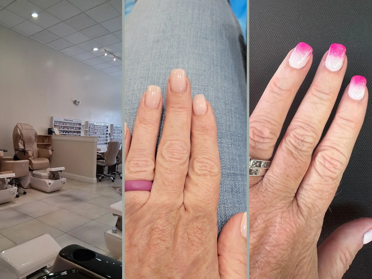 Nail technician shaping acrylic nails at a salon station.